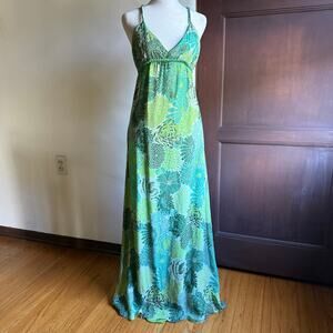 FEMALE by Sybile and Marilyne Green Blue Silk Floral Strappy Back Dress Medium